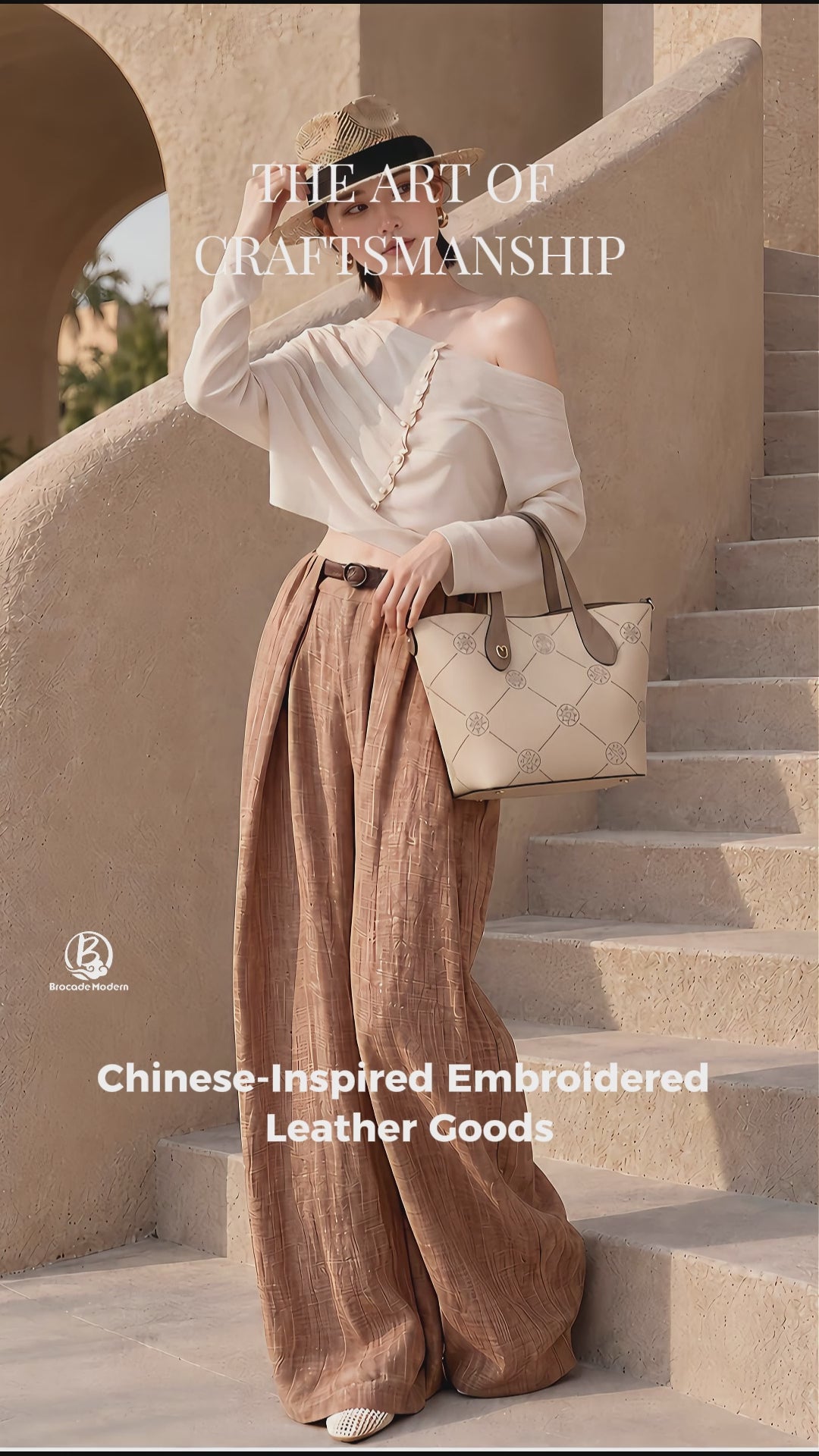 Luxury New Chinese Style Eternal Garden Gold-Thread Embroidered Cowhide Tote Bag