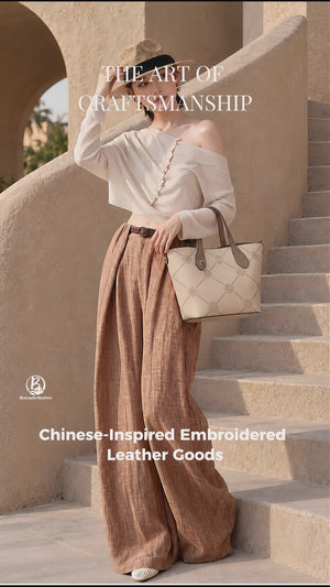 Luxury New Chinese Style Eternal Garden Gold-Thread Embroidered Cowhide Tote Bag