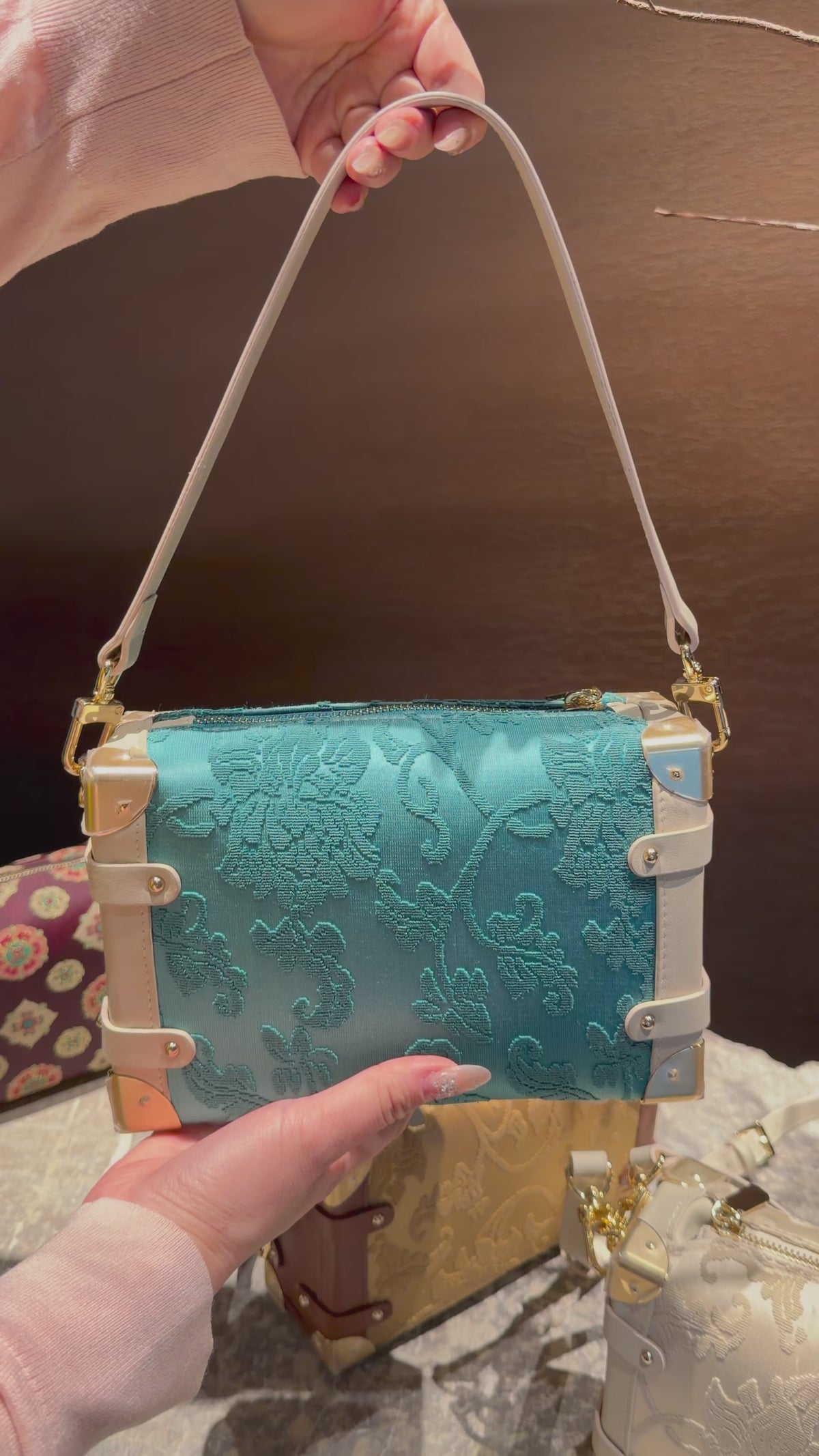 Zhang Rong Treasure Box Bag-Teal Intertwined Lotus-New Chinese Style Intangible Heritage