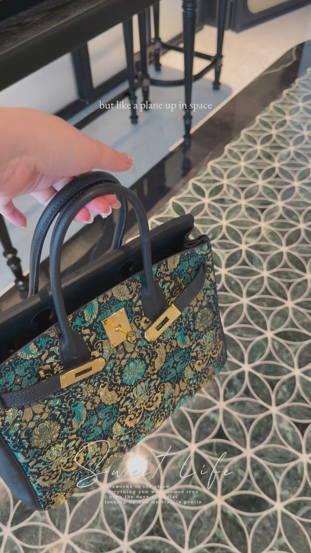 Song Brocade Structured Top-Handle Bag — Black Banana Leaf Lotus