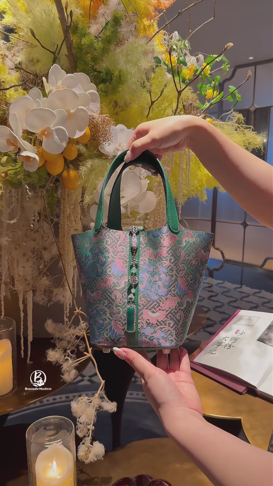 Chinoiserie Luxury Song Brocade Basket Bag — Longevity Peony