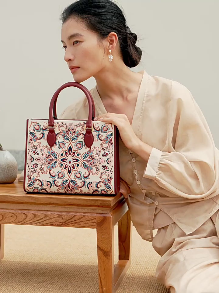 Baoxiang Flower Embroidered Leather Tote Bag | Chinese Style Handbag | Brocade Modern