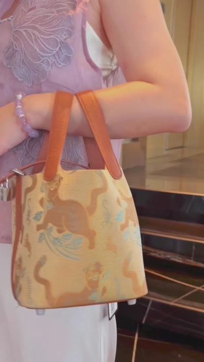 Tiger Warding Off Five Poisons Song Brocade Basket Bag | Brocade Modern