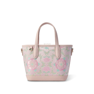 Front view: Purple Shu Brocade butterfly peony crossbody bag.