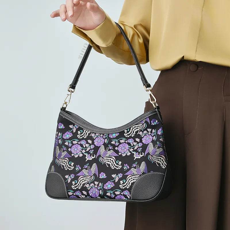 Luxury Shu Brocade Shoulder Bag with Classic Phoenix & Peony Motif - SinoCultural -- FJ110635