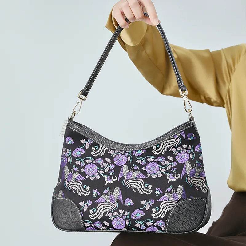 Luxury Shu Brocade Shoulder Bag with Classic Phoenix & Peony Motif - SinoCultural -- FJ110635