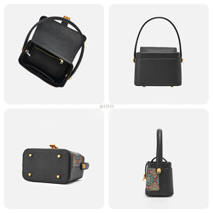 Detail collage: Bag interior, back, base and side views.