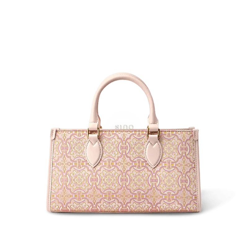 Song Brocade Leather Handbag – Pink & Gold DingSheng Motif - SinoCultural -- FJ120770