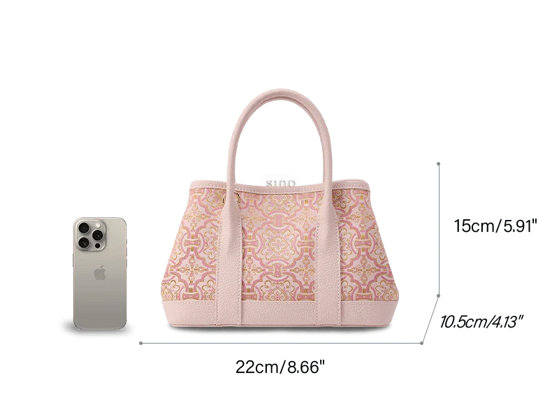 Song Brocade Pink DingSheng Motif Embroidery Leather Crossbody Bag - SinoCultural -- FJ110692