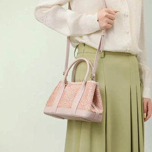 Song Brocade Pink DingSheng Motif Embroidery Leather Crossbody Bag - SinoCultural -- FJ110692