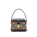 Front view: Song brocade scrolling foliage lotus crossbody bag.