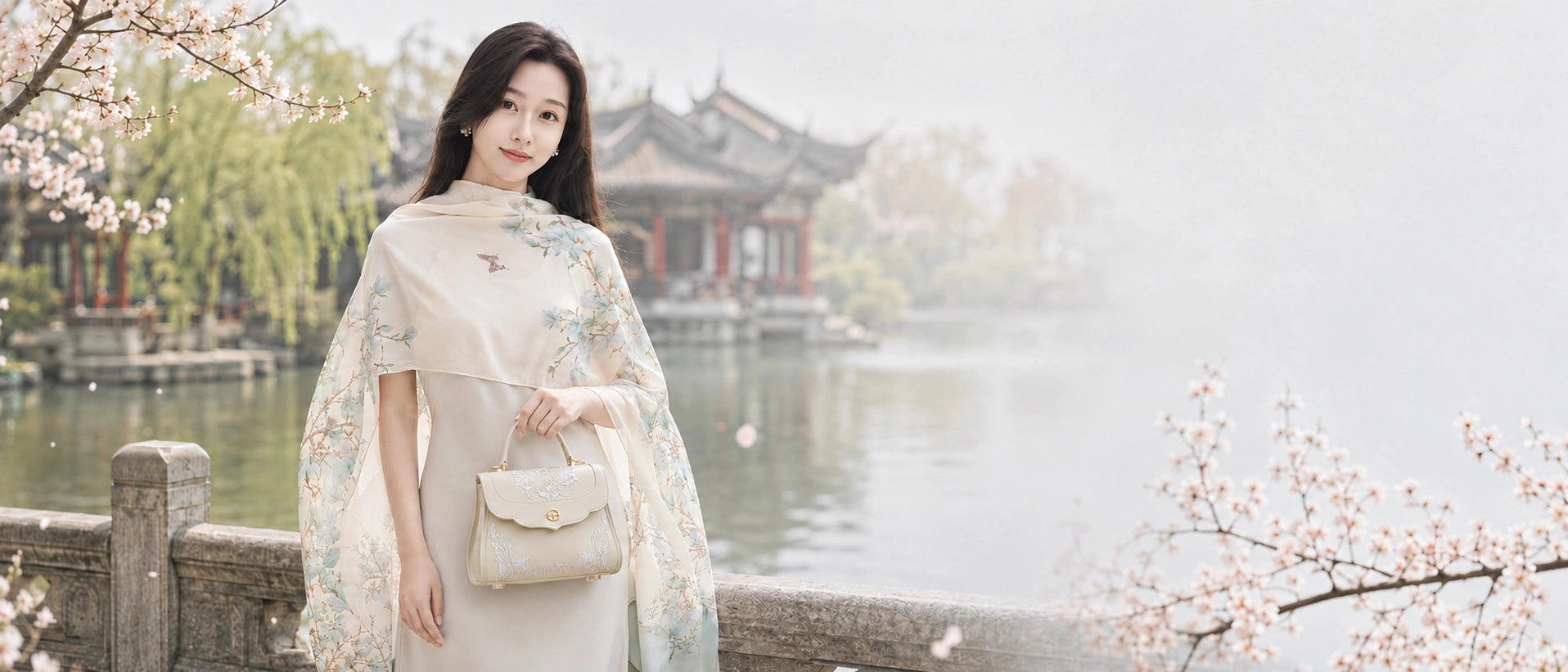 Elegant East Asian woman wearing the Twelve Flower Deities Chun Feng Sheng silk scarf and carrying the Dragon Guarding Baoxiang Flower embroidered handbag in a classical Chinese garden brocademodern