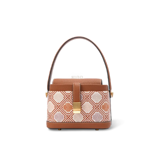 Front view: Zhuang brocade chrysanthemum meander crossbody bag.