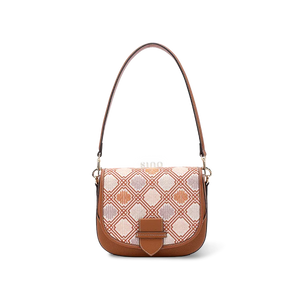 Front view: Zhuang Brocade chrysanthemum pattern messenger bag.