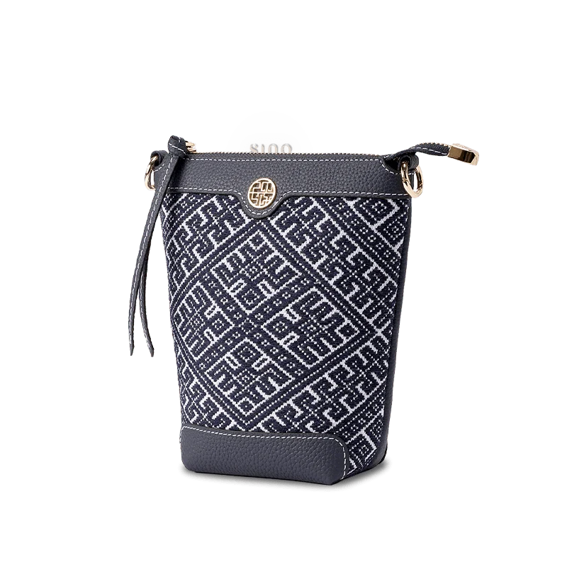 Zhuang Brocade Flying Swallow Motif Embroidered Leather Bucket Crossbody Bag - SinoCultural -- FJ210617