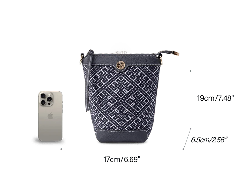 Zhuang Brocade Flying Swallow Motif Embroidered Leather Bucket Crossbody Bag - SinoCultural -- FJ210617